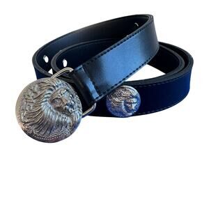 Silver Lion Head Buckle Black Faux Leather Belt Men's/Women's Western